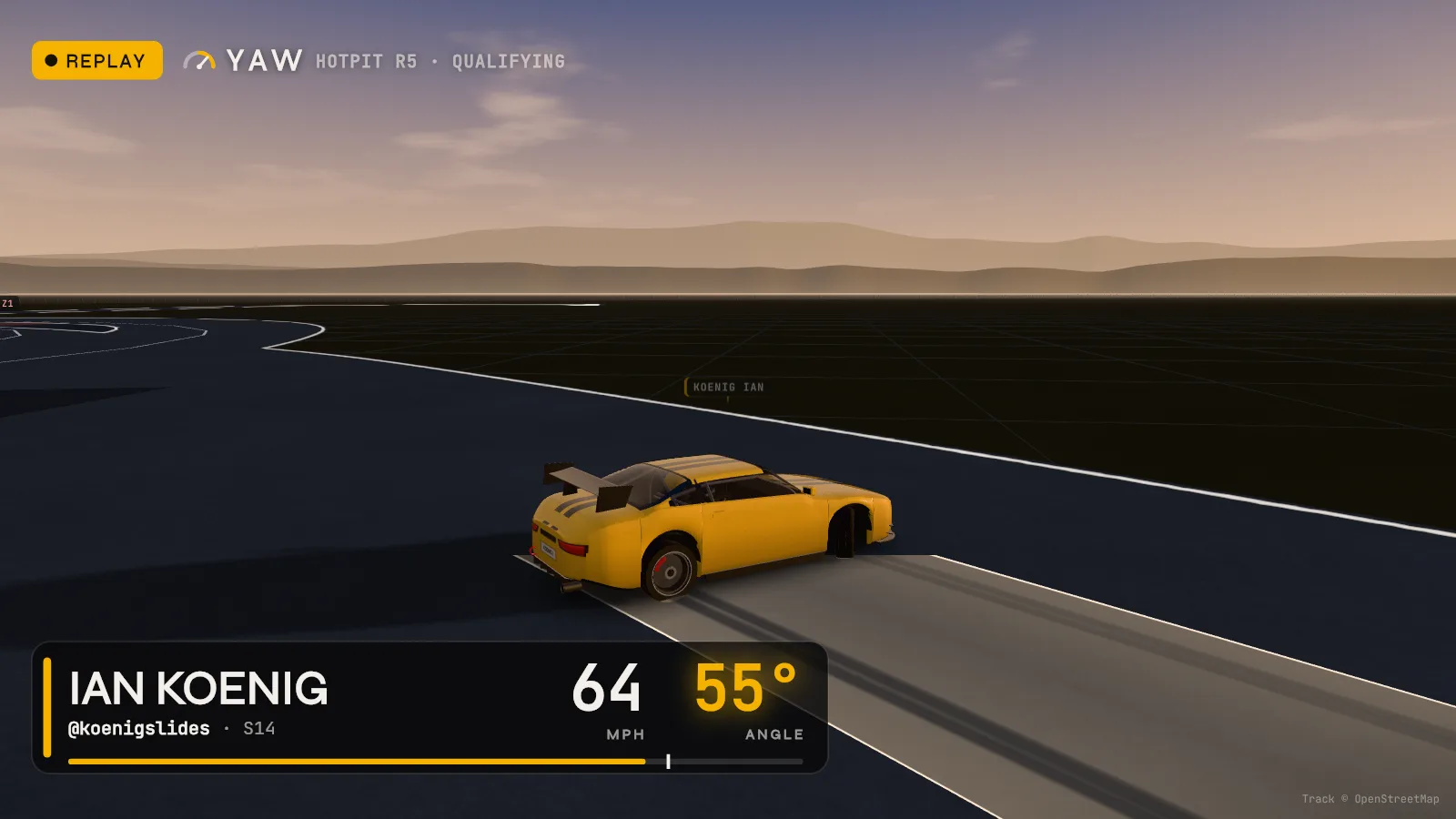 Ian Koenig's qualifying run at the Bullring in YAW's 3D replay, sideways through the turn, with YAW's speed and angle overlay climbing to 64 mph and 55 degrees.